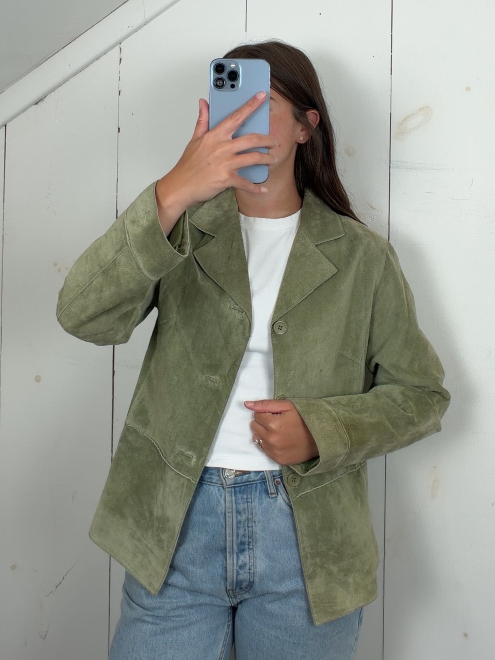 Vintage Green Suede Leather Button Front Blazer Jacket Women’s M Y2K Lightweight